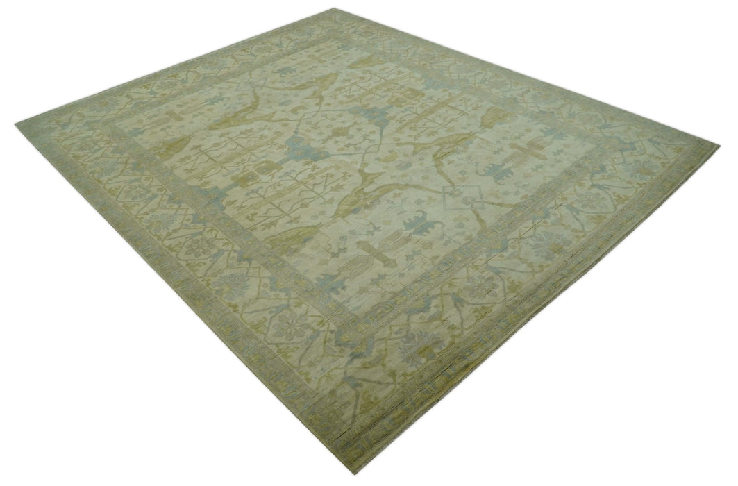 Traditional Turkish Oushak Design Beige And Blue Hand Knotted 12.4x15 Wool Area Rug