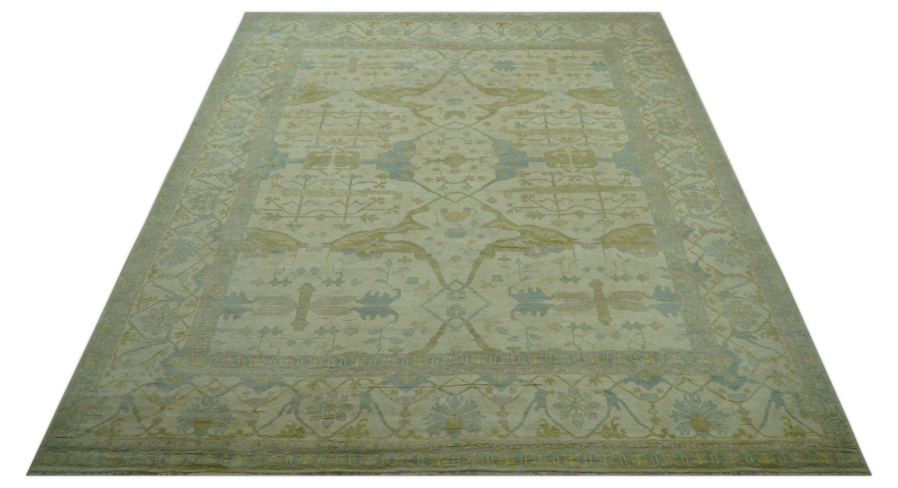 Traditional Turkish Oushak Design Beige And Blue Hand Knotted 12.4x15 Wool Area Rug