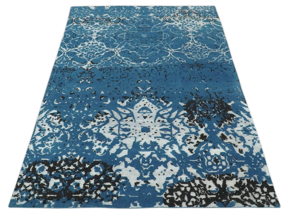 Transitional 7x10 Ivory, Blue and Black Modern Abstract Hand knotted Wool Area Rug