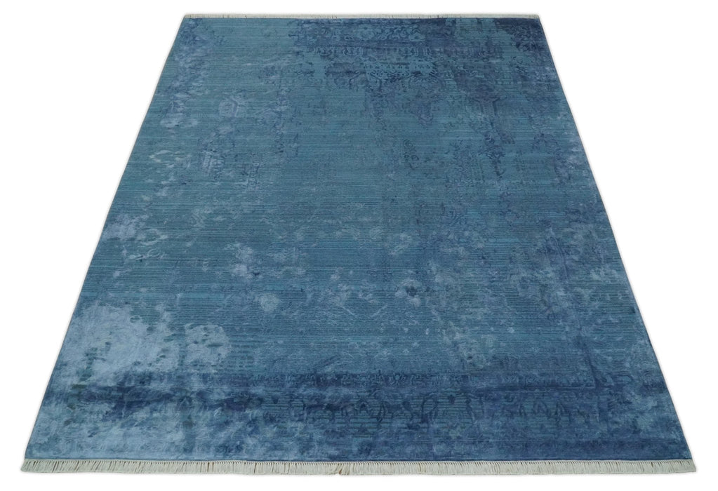 Transitional 8x11 Ivory and Blue Modern Abstract Hand knotted Wool and Art Silk Area Rug