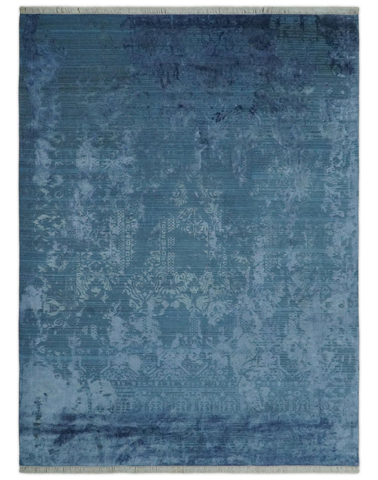 Transitional 8x11 Ivory and Blue Modern Abstract Hand knotted Wool and Art Silk Area Rug