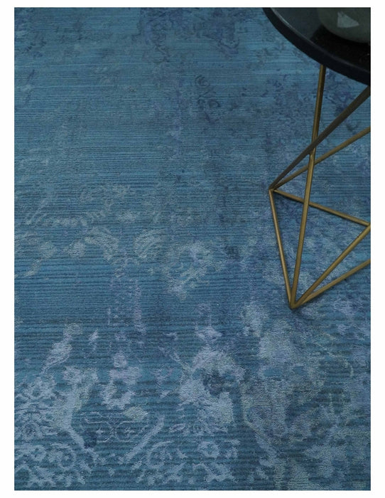 Transitional 8x11 Ivory and Blue Modern Abstract Hand knotted Wool and Art Silk Area Rug