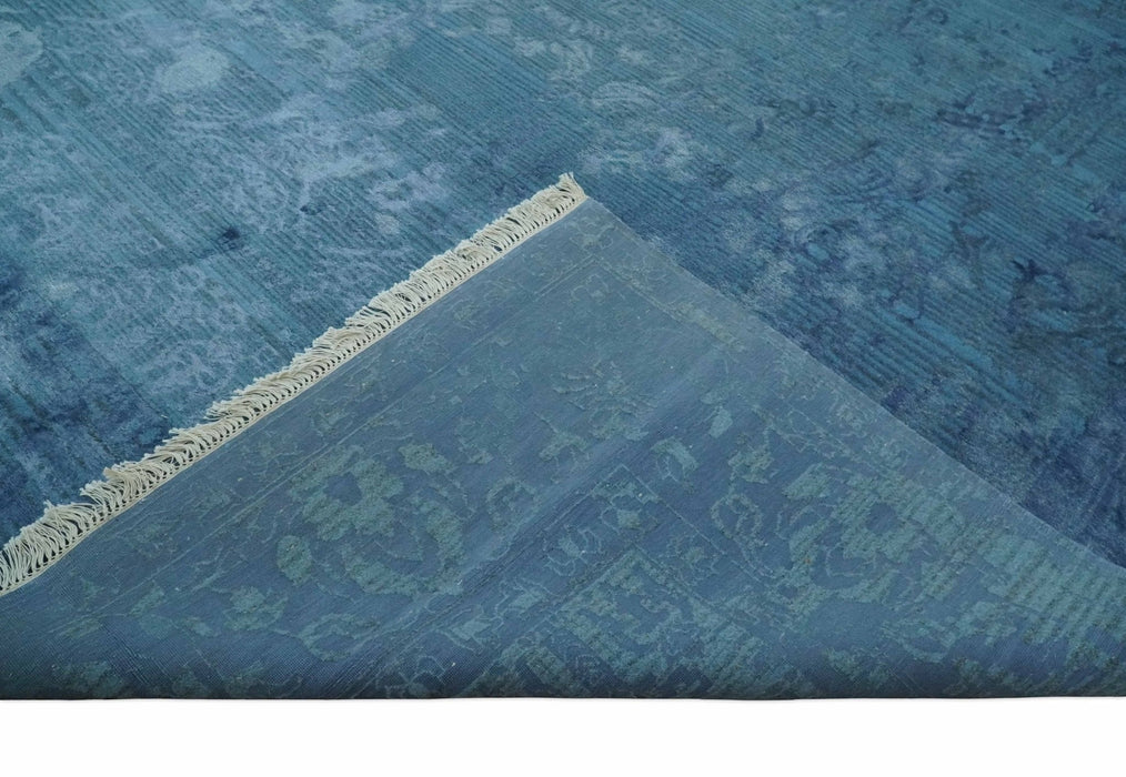 Transitional 8x11 Ivory and Blue Modern Abstract Hand knotted Wool and Art Silk Area Rug