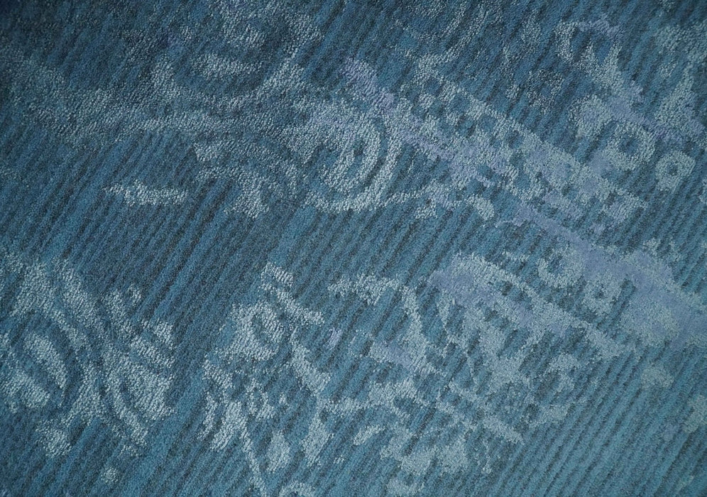 Transitional 8x11 Ivory and Blue Modern Abstract Hand knotted Wool and Art Silk Area Rug