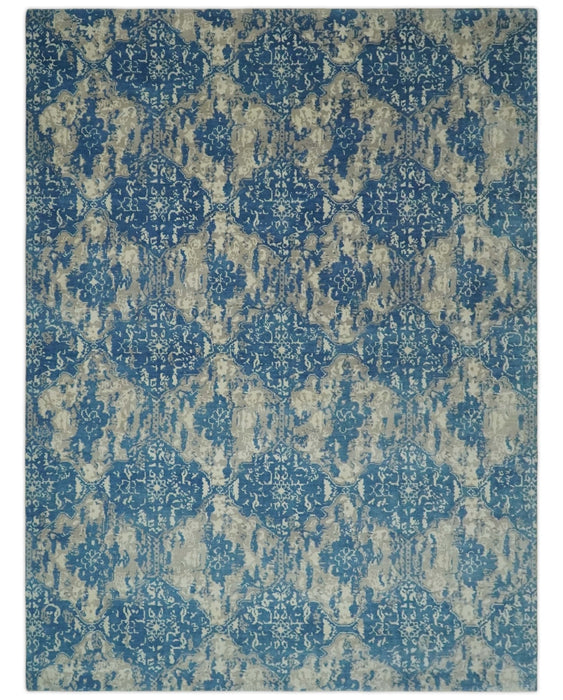 Transitional 9x12 Hand Knotted Blue and Ivory Ikat Pattern Traditional Wool Area Rug