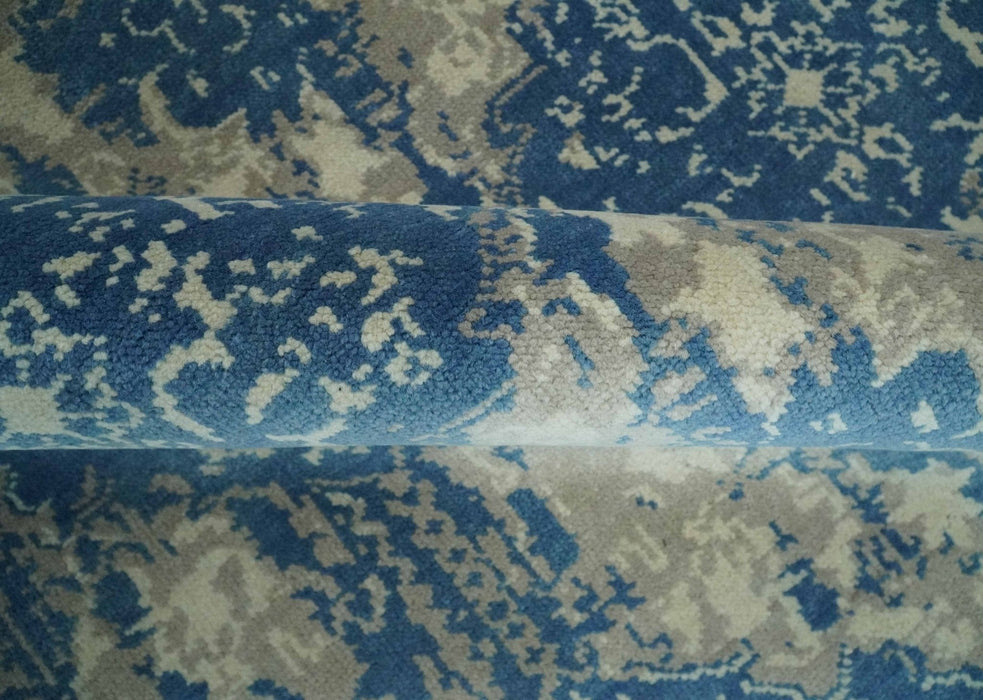 Transitional 9x12 Hand Knotted Blue and Ivory Ikat Pattern Traditional Wool Area Rug