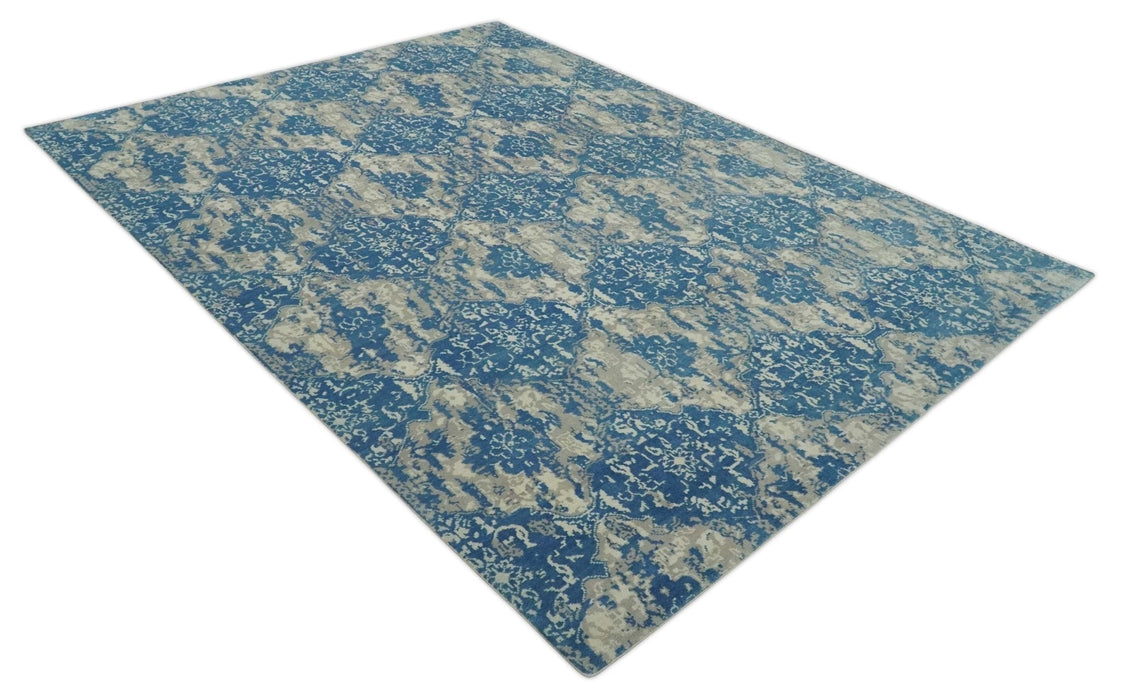 Transitional 9x12 Hand Knotted Blue and Ivory Ikat Pattern Traditional Wool Area Rug