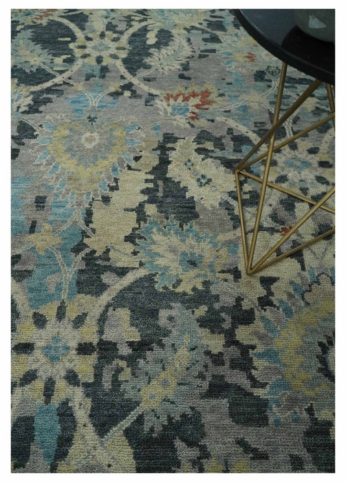 Transitional 9x12 Hand Knotted Silver, Charcoal and Beige Wool Area Rug