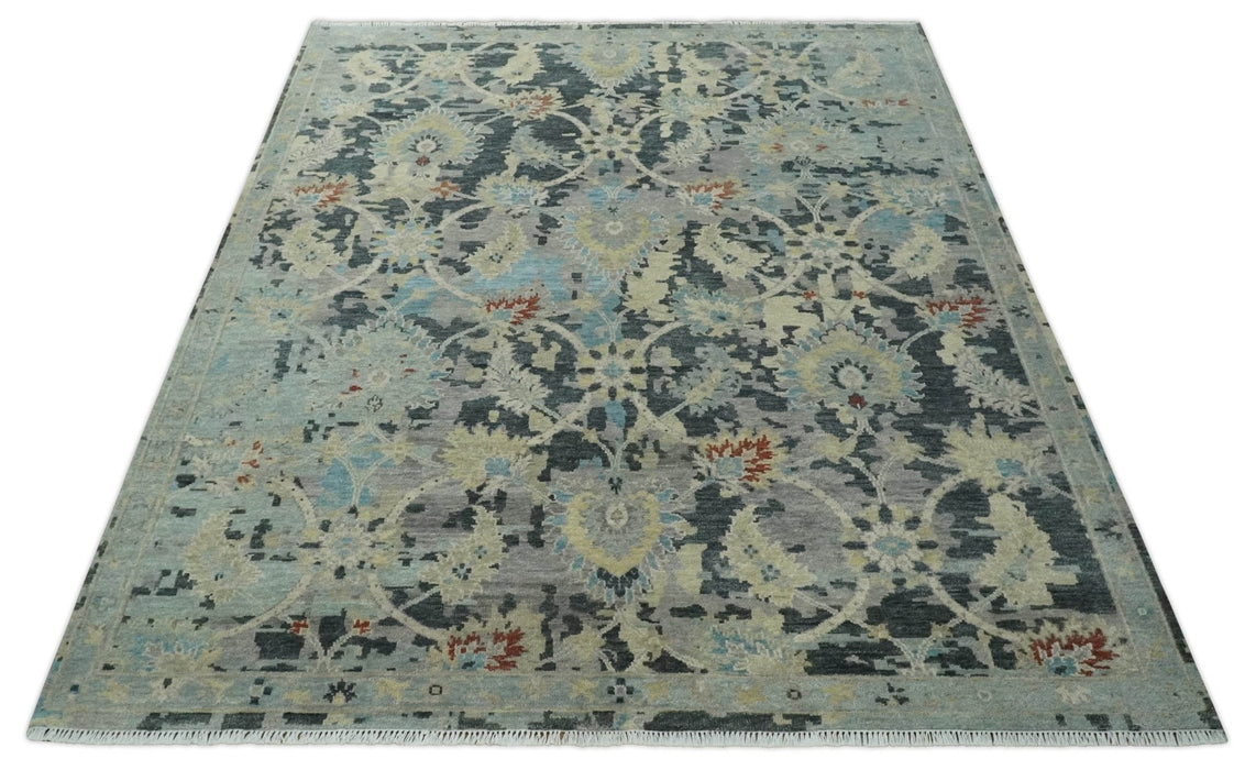 Transitional 9x12 Hand Knotted Silver, Charcoal and Beige Wool Area Rug