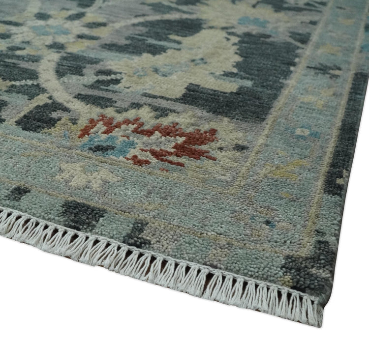 Transitional 9x12 Hand Knotted Silver, Charcoal and Beige Wool Area Rug