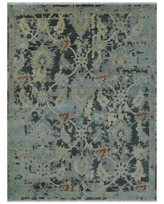 Transitional 9x12 Hand Knotted Silver, Charcoal and Beige Wool Area Rug