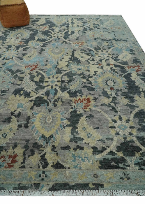 Transitional 9x12 Hand Knotted Silver, Charcoal and Beige Wool Area Rug
