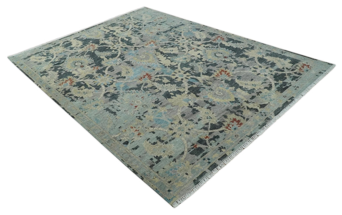 Transitional 9x12 Hand Knotted Silver, Charcoal and Beige Wool Area Rug