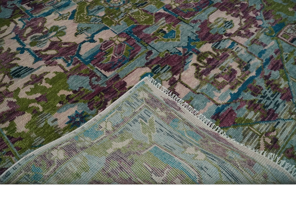 Transitional Hand Knotted Custom Made Green, Aqua, Peach and Purple Wool Rug