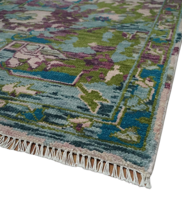 Transitional Hand Knotted Custom Made Green, Aqua, Peach and Purple Wool Rug