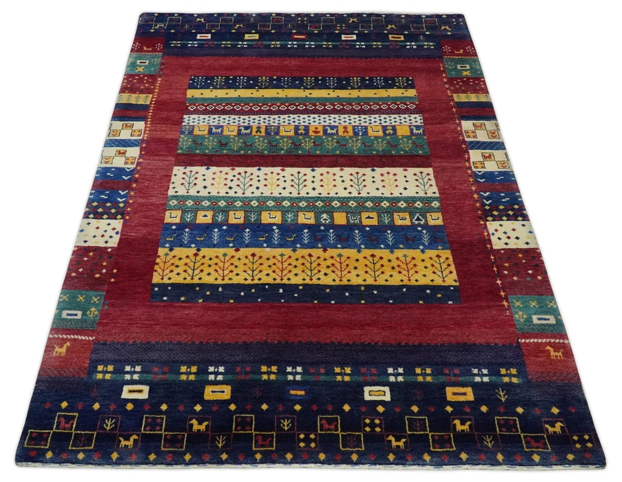 Tree 5x7 Multicolor Red and Blue Hand Knotted Wool Hand Made Lori Rug | KNT45