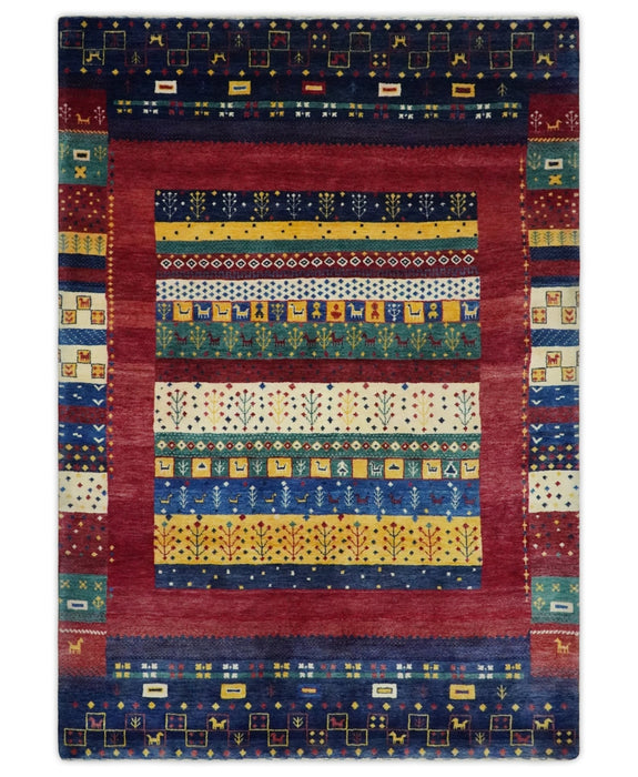 Tree 5x7 Multicolor Red and Blue Hand Knotted Wool Hand Made Lori Rug | KNT45