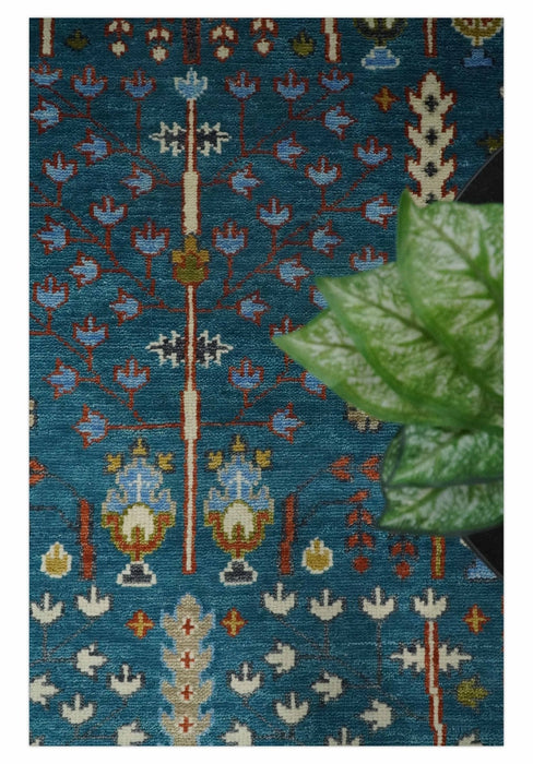 Tree of Life Traditional Hand Knotted Teal Blue and Ivory Custom Made Wool Area Rug