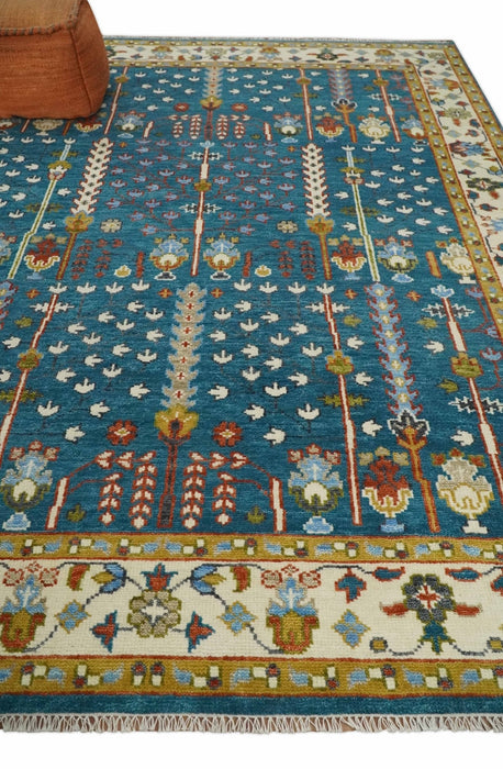 Tree of Life Traditional Hand Knotted Teal Blue and Ivory Custom Made Wool Area Rug