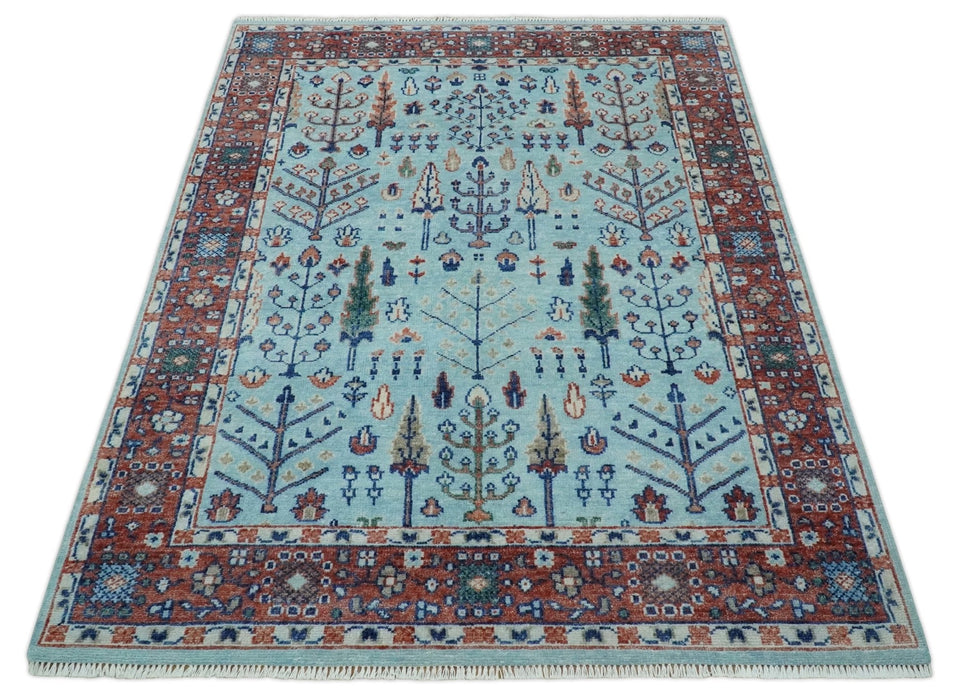 Tree of Life Hand Knotted Blue and Rust Modern Persian Vintage Oushak Custom Made Wool Rug