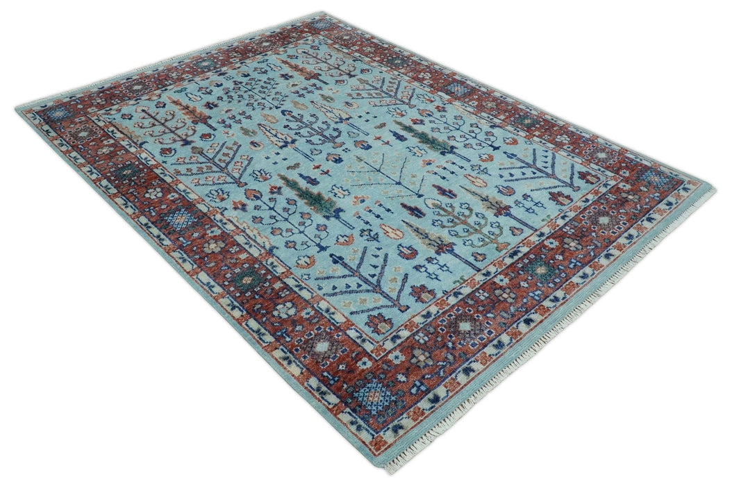 Tree of Life Hand Knotted Blue and Rust Modern Persian Vintage Oushak Custom Made Wool Rug