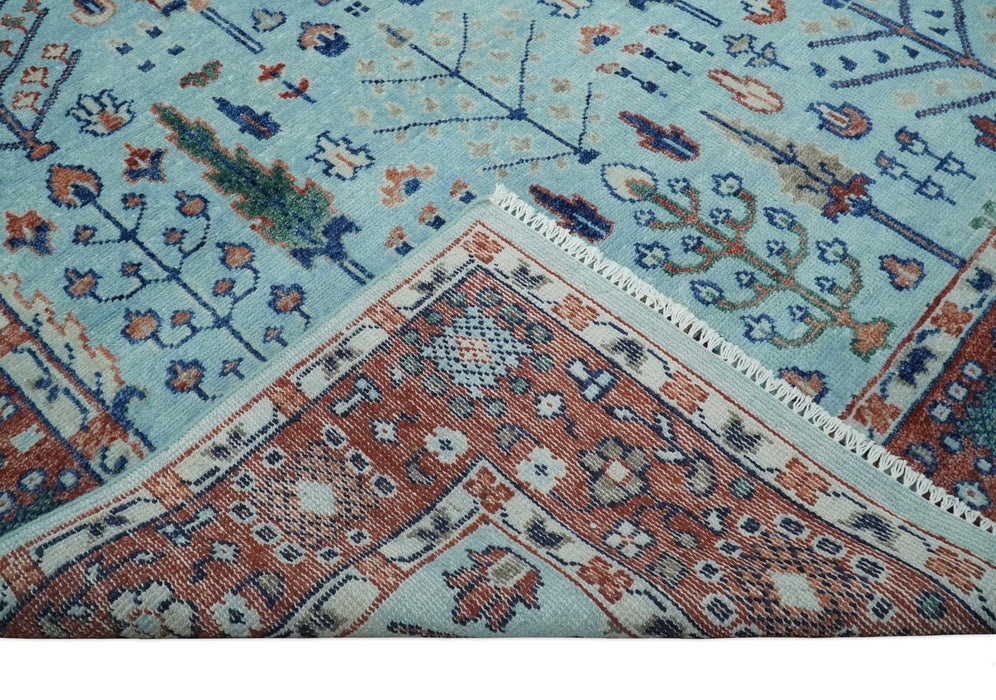 Tree of Life Hand Knotted Blue and Rust Modern Persian Vintage Oushak Custom Made Wool Rug