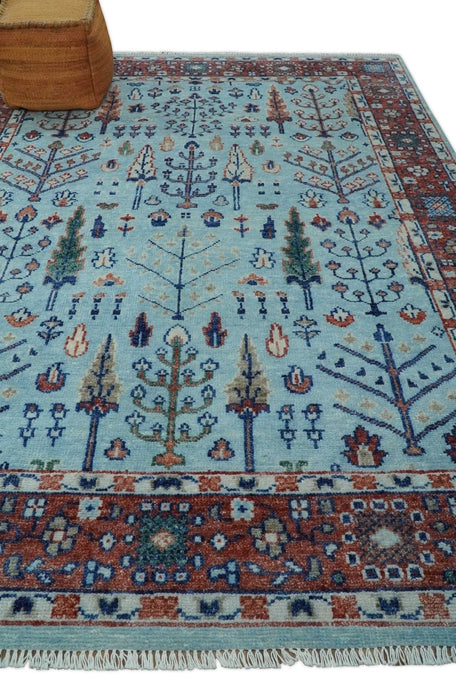 Tree of Life Hand Knotted Blue and Rust Modern Persian Vintage Oushak Custom Made Wool Rug