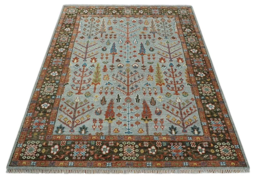 Tree of Life Multi Size Hand Knotted Silver, Brown and Rust Traditional Vintage Oushak Wool Rug