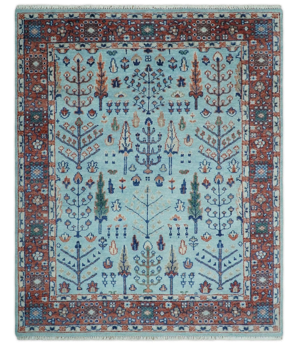Tree of Life 8x10 Hand Knotted Blue and Rust Traditional Persian Vintage Oushak Wool Rug | TRD2747810S