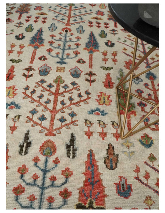Tree of Life 8x10 Hand Knotted Ivory, Brown and Rust Traditional Oushak Wool Rug