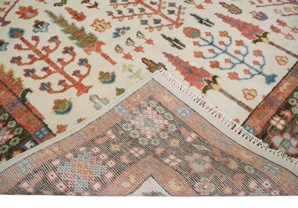 Tree of Life 8x10 Hand Knotted Ivory, Brown and Rust Traditional Oushak Wool Rug