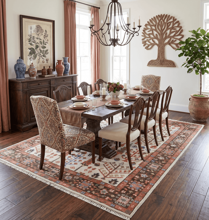 Tree of Life 8x10 Hand Knotted Ivory, Brown and Rust Traditional Oushak Wool Rug