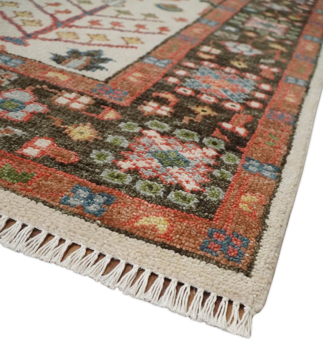 Tree of Life 8x10 Hand Knotted Ivory, Brown and Rust Traditional Oushak Wool Rug