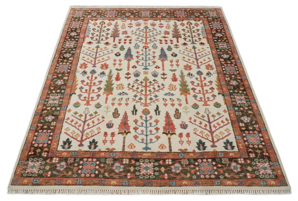 Tree of Life 8x10 Hand Knotted Ivory, Brown and Rust Traditional Oushak Wool Rug