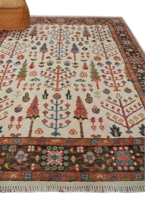 Tree of Life 8x10 Hand Knotted Ivory, Brown and Rust Traditional Oushak Wool Rug