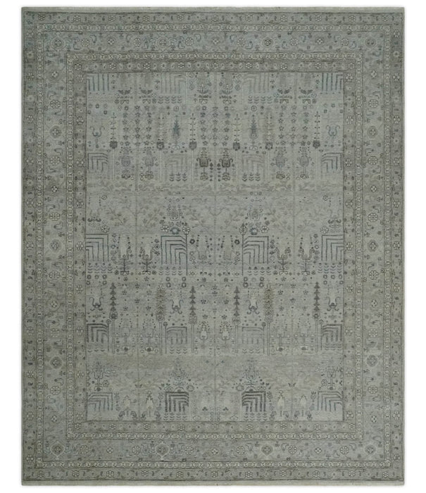 Tree of life Antique Distressed Finished Gray and Silver Low Pile Multi Size wool Area Rug