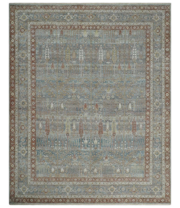Tree of life Antique Distressed Finished Gray, Silver and Rust Low Pile Multi Size wool Area Rug