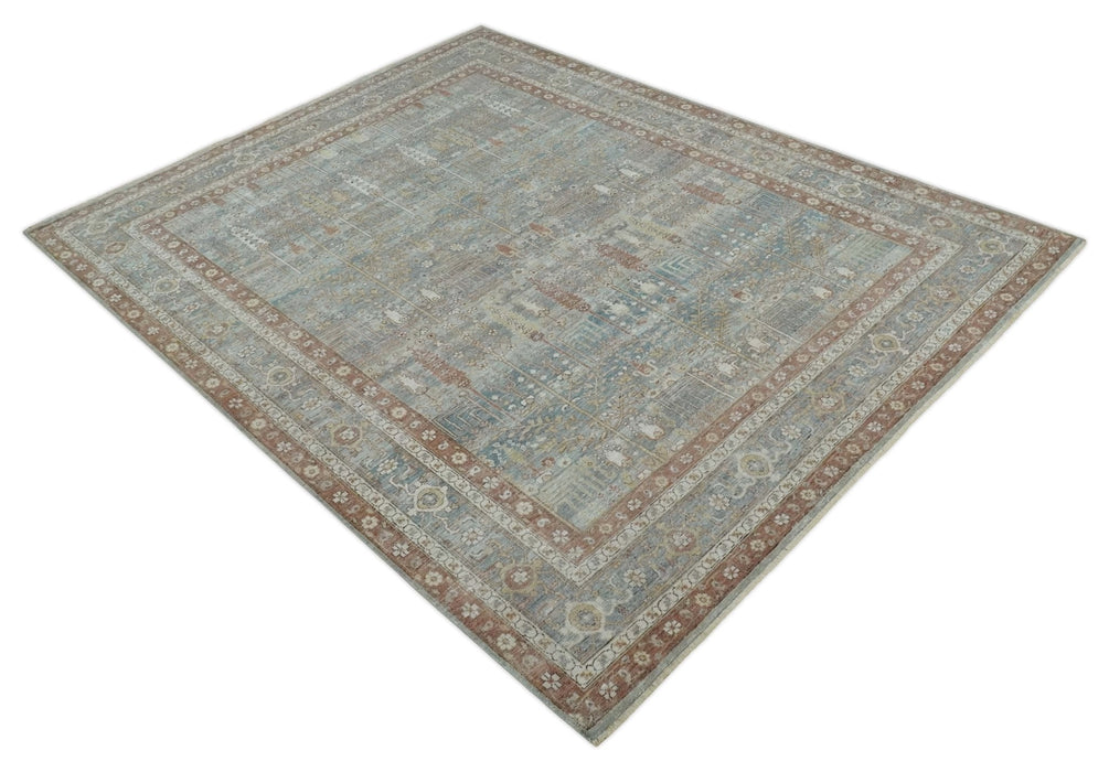 Tree of life Antique Distressed Finished Gray, Silver and Rust Low Pile Multi Size wool Area Rug