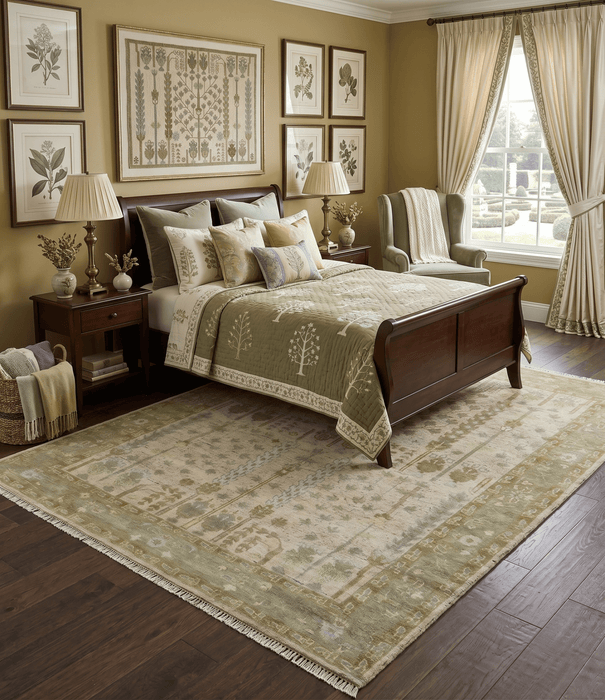 Tree of life Beige, Purple and Olive Hand Knotted Traditional Floral Custom Made wool rug