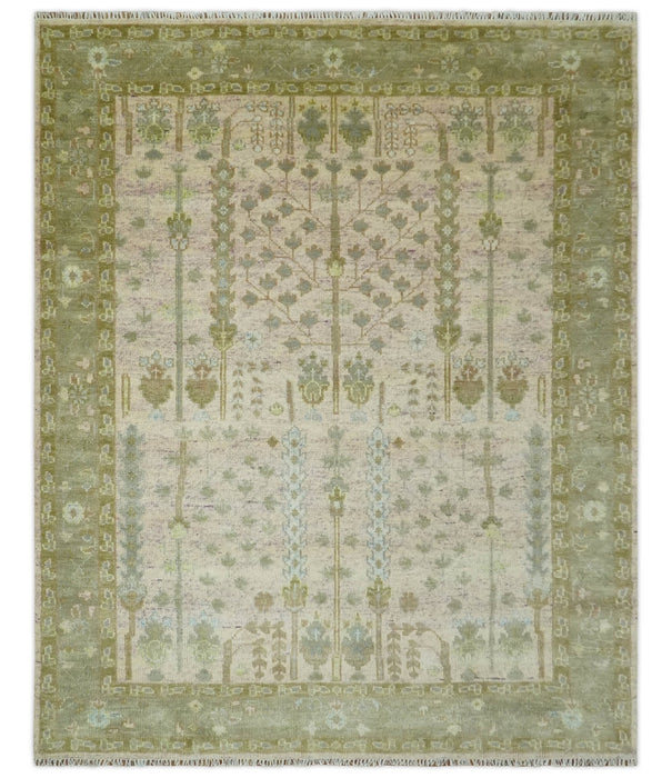 Tree of life Beige, Purple and Olive Hand Knotted Traditional Floral Custom Made wool rug