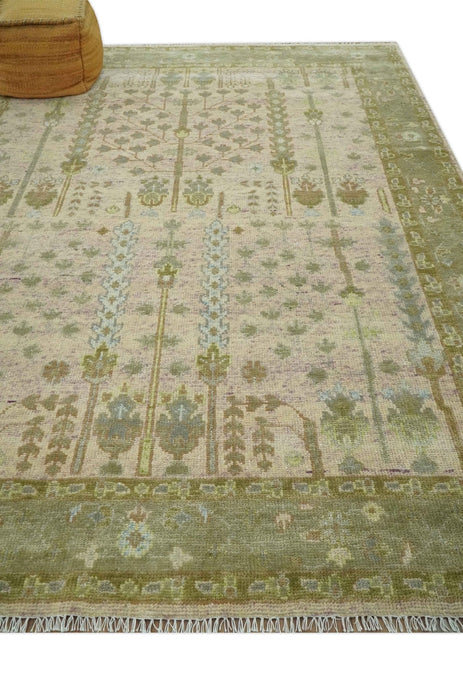 Tree of life Beige, Purple and Olive Hand Knotted Traditional Floral Custom Made wool rug