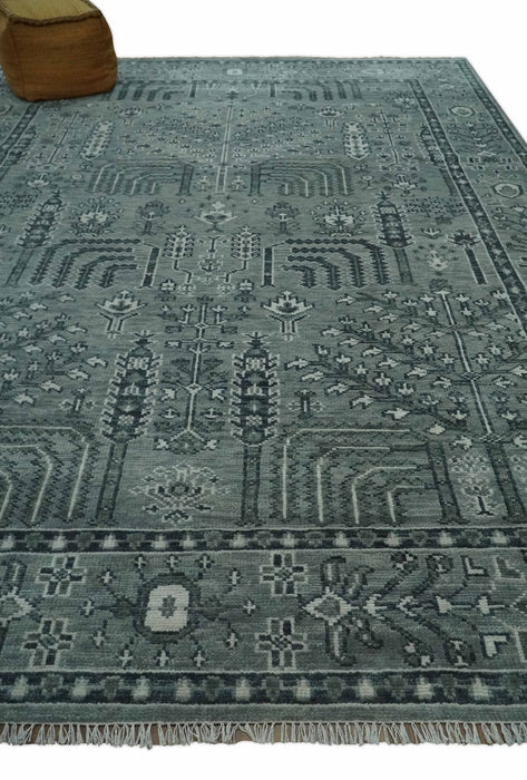 Tree of life Gray, Charcoal and Ivory Hand knotted Traditional Floral 9x12 wool Area Rug