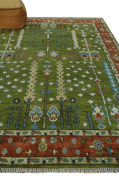 Tree of life Green and Rust Traditional Hand knotted 8x10 wool Area Rug