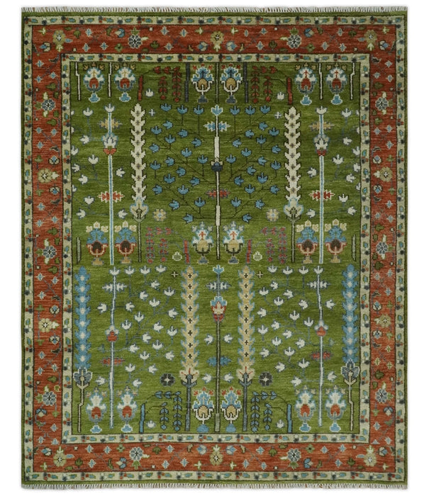 Tree of life Green and Rust Traditional Hand knotted 8x10 wool Area Rug