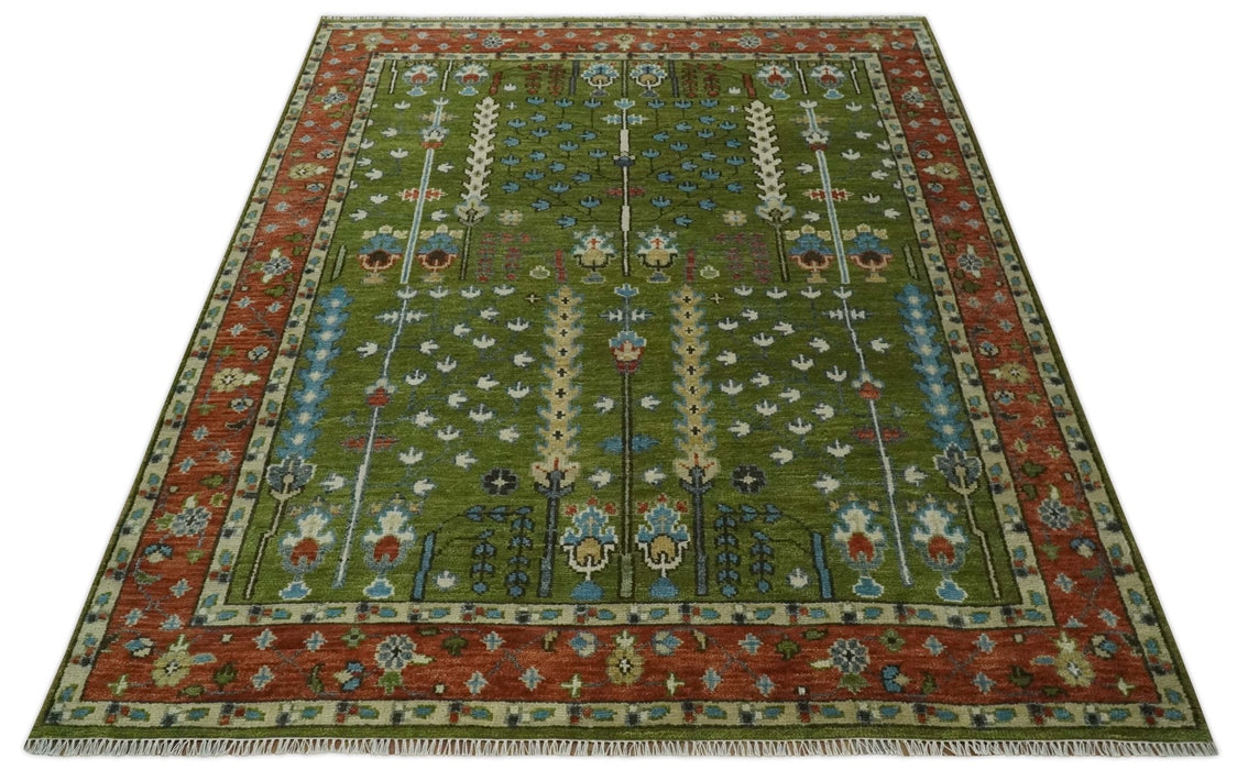 Tree of life Green and Rust Traditional Hand knotted 8x10 wool Area Rug