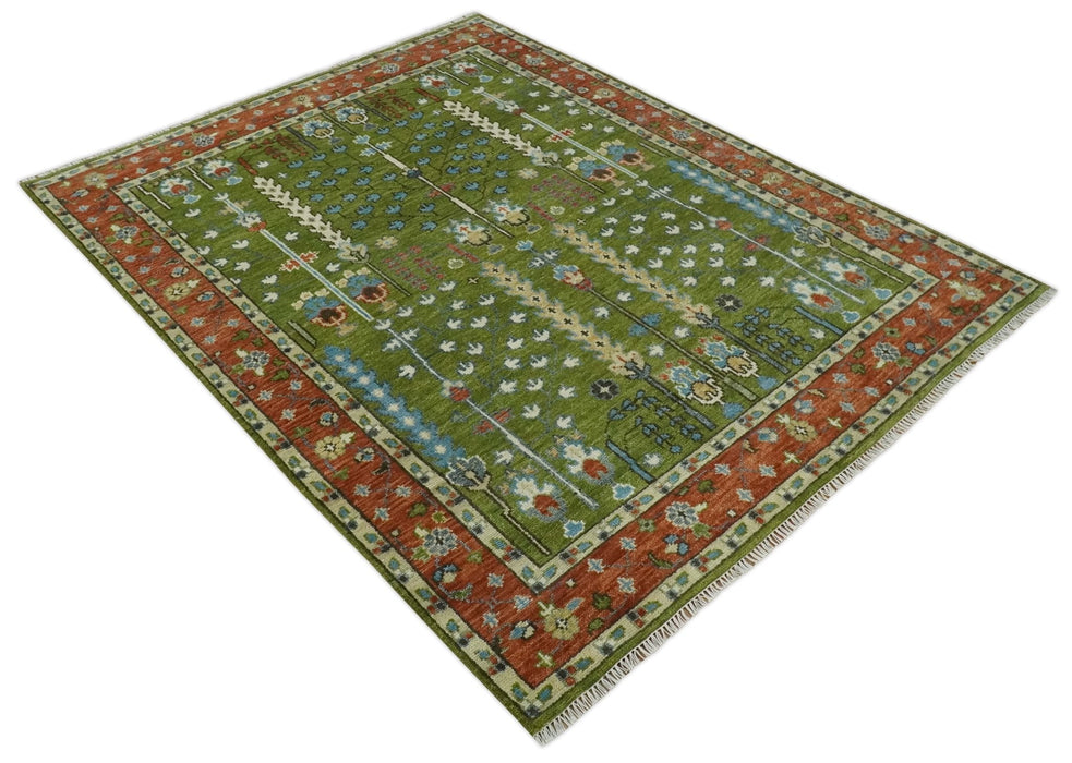 Tree of life Green and Rust Traditional Hand knotted 8x10 wool Area Rug