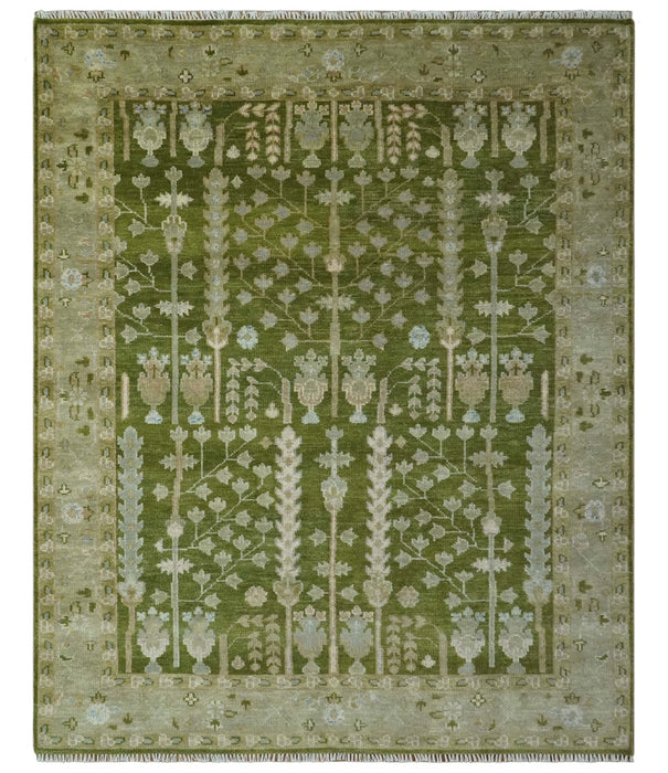 Tree of life Green and Silver Hand Knotted Traditional Floral 8x10 wool rug