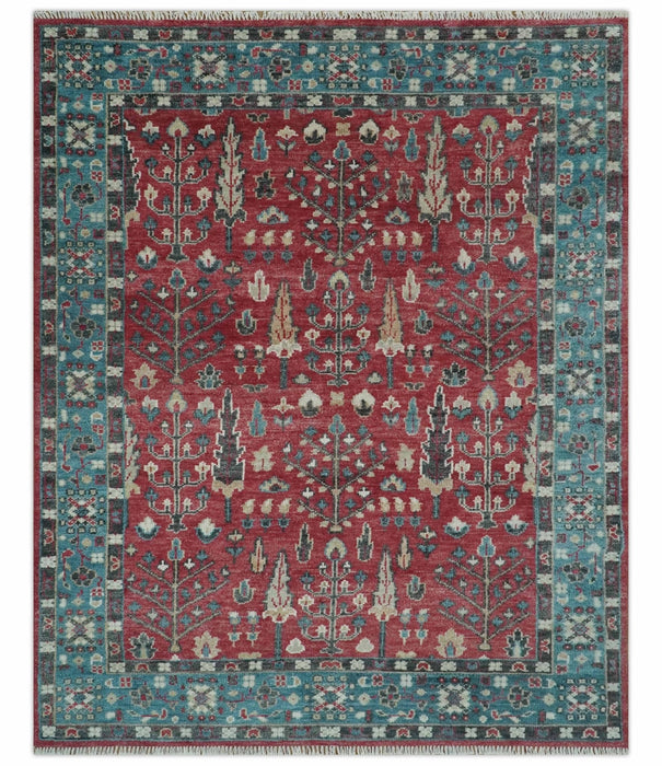 Tree of Life Hand Knotted 8x10 Maroon and Blue Traditional Wool area Rug