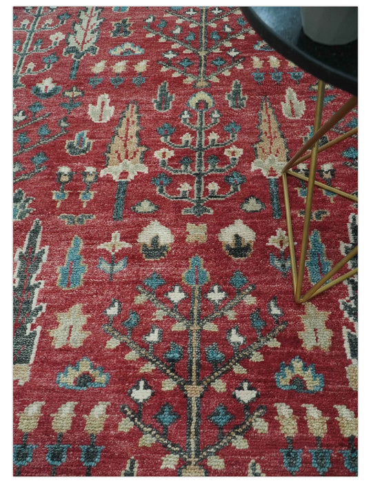 Tree of Life Hand Knotted 8x10 Maroon and Blue Traditional Wool area Rug
