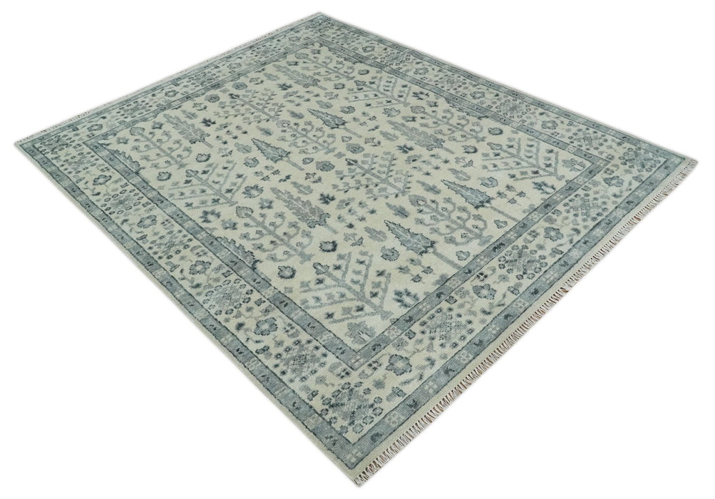 Tree of Life Hand Knotted Ivory and Charcoal Traditional Oushak 8x10 Wool Rug